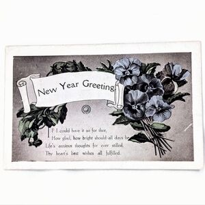 New Year Greeting on a Scroll with a Bouquet of Pansies Vintage Postcard
